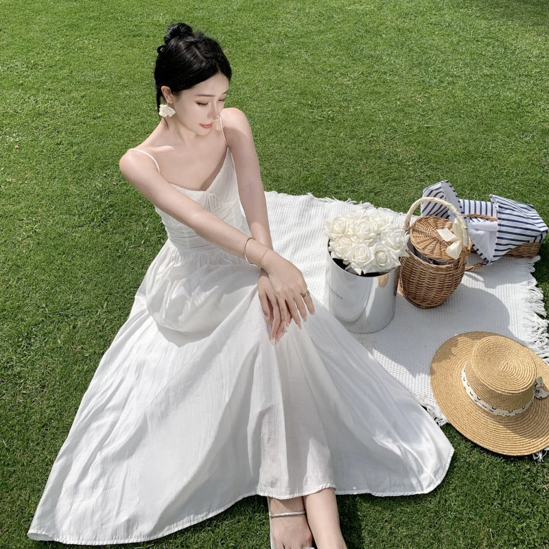 2025 White super fairy seaside vacation banquet photo dress manor girl retro lace long dress suspender dress