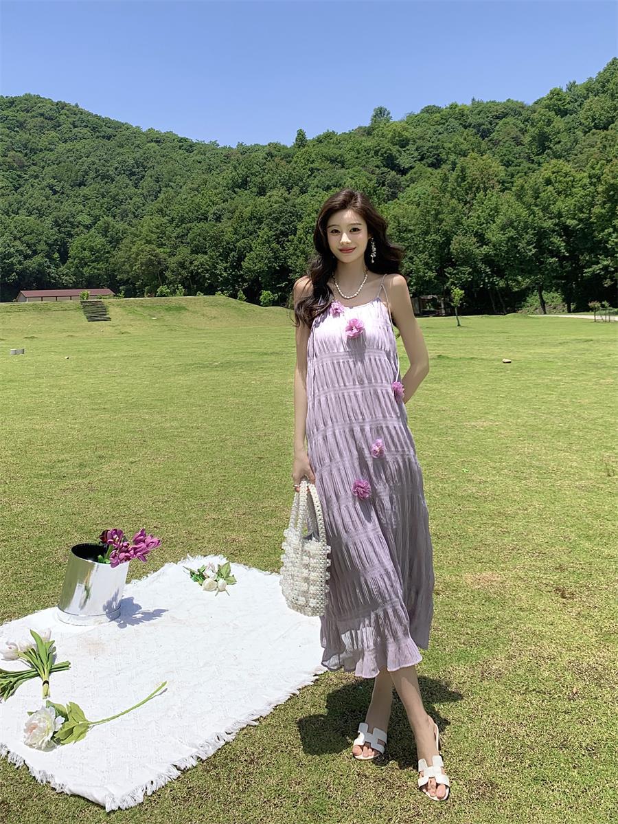 2025 Forest fairy purple niche suspender dress three-dimensional flower high-end romantic pleated holiday style dress summer