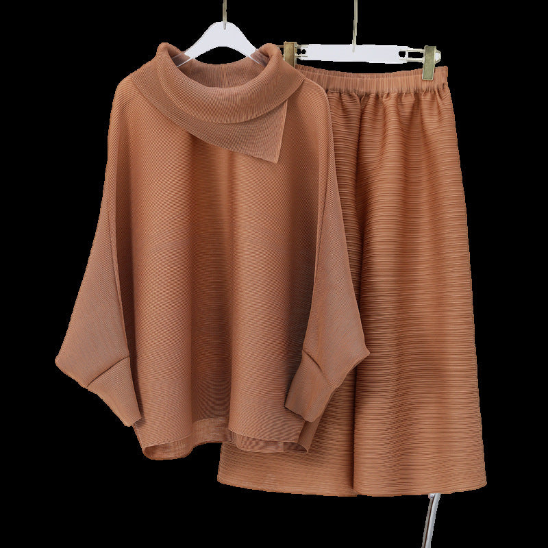 2025 suit spring and summer women's two-piece set slightly fat high-end women's bat-sleeved top loose seven-point casual pants tide