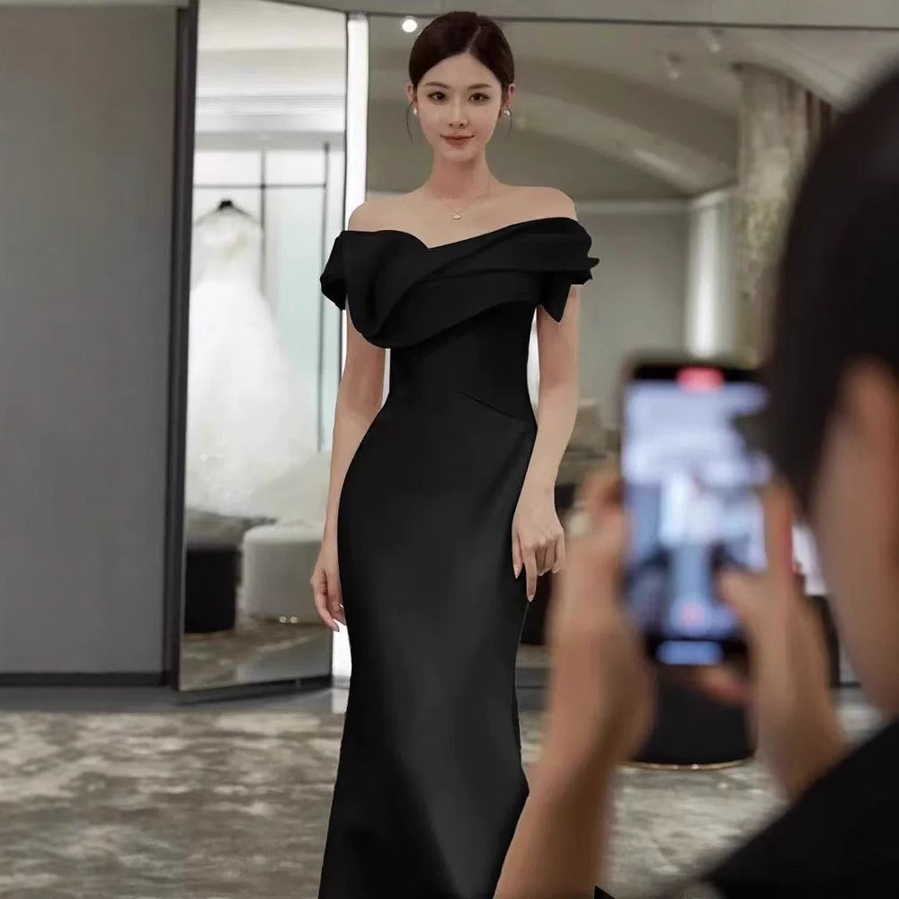 2025 black one-word shoulder satin banquet annual meeting host birthday temperament fishtail trailing evening dress dress