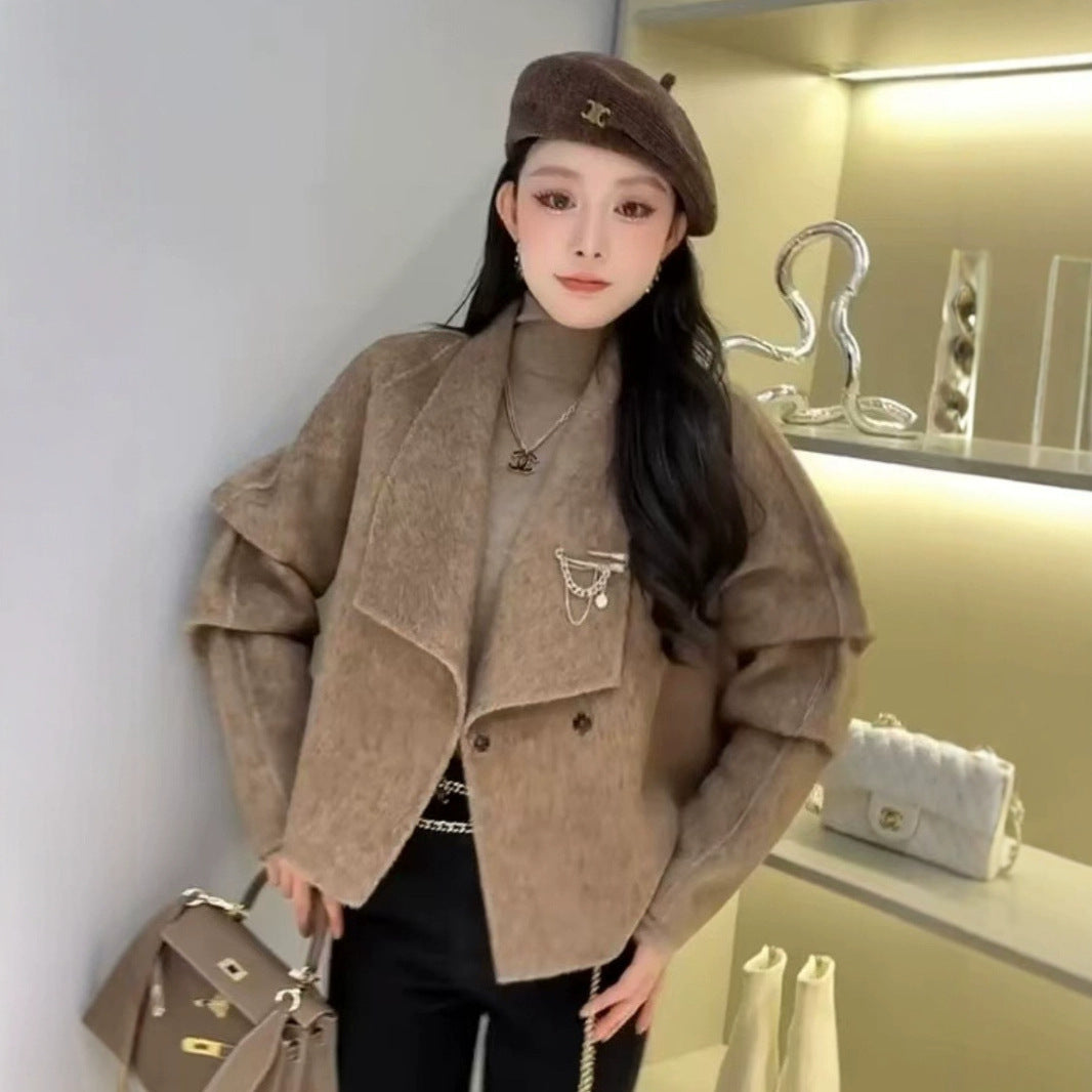 2025 Mulberry silk rabbit hair wool suit collar shoulder sleeve single-breasted double-sided wool coat woolen jacket to keep warm in autumn and winter