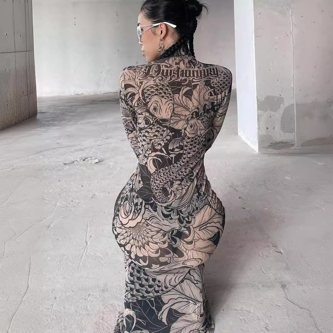 New women's clothing autumn new fashion mesh printing perspective turtleneck slim and thin dress women