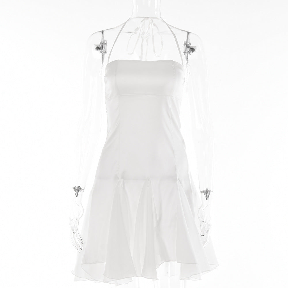 2025 New women's clothing sexy pure desire Spice Girls ruffle edge short skirt one-word collar backless neck dress