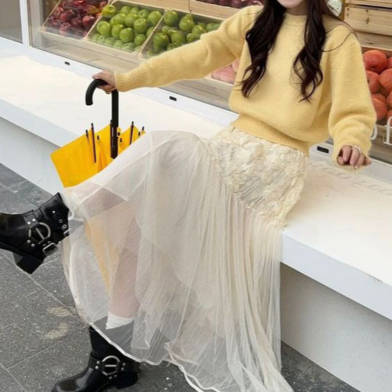 2025 Spring Temperament Muse Fan Gentle Wear Small Fragrant Style Yellow Sweater Mesh Dress Suit Women
