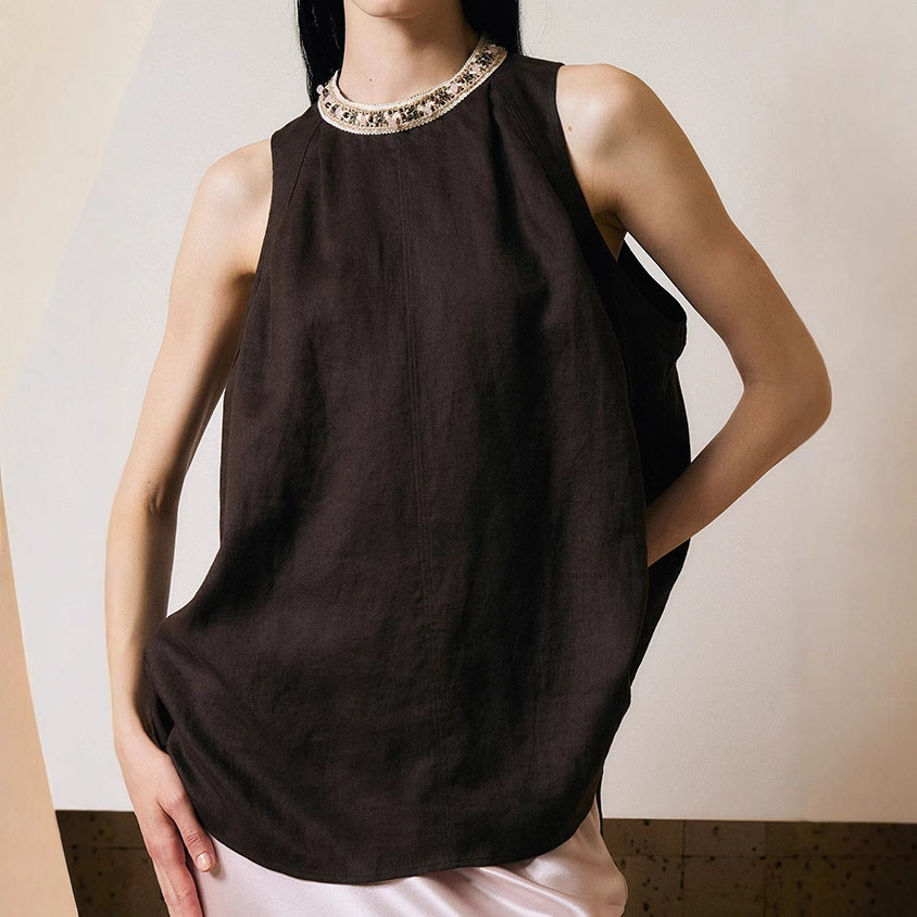 2025 Design Sense Loose Pattern Handmade Beaded Linen Sleeveless Shirt Top Women's Summer