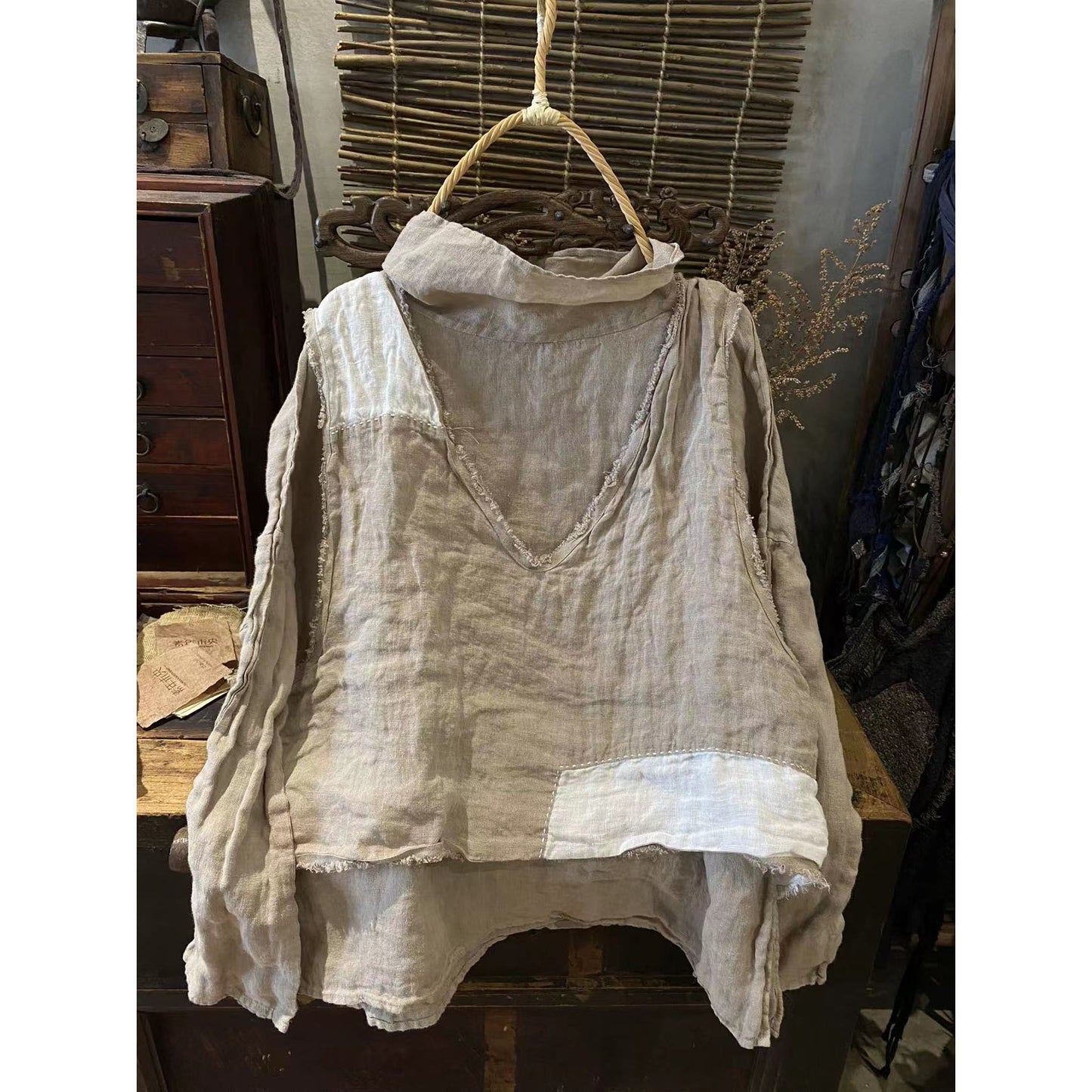 2025 22/8 Early Autumn Literary Retro Linen Loose Shoulder Bottom Turtleneck