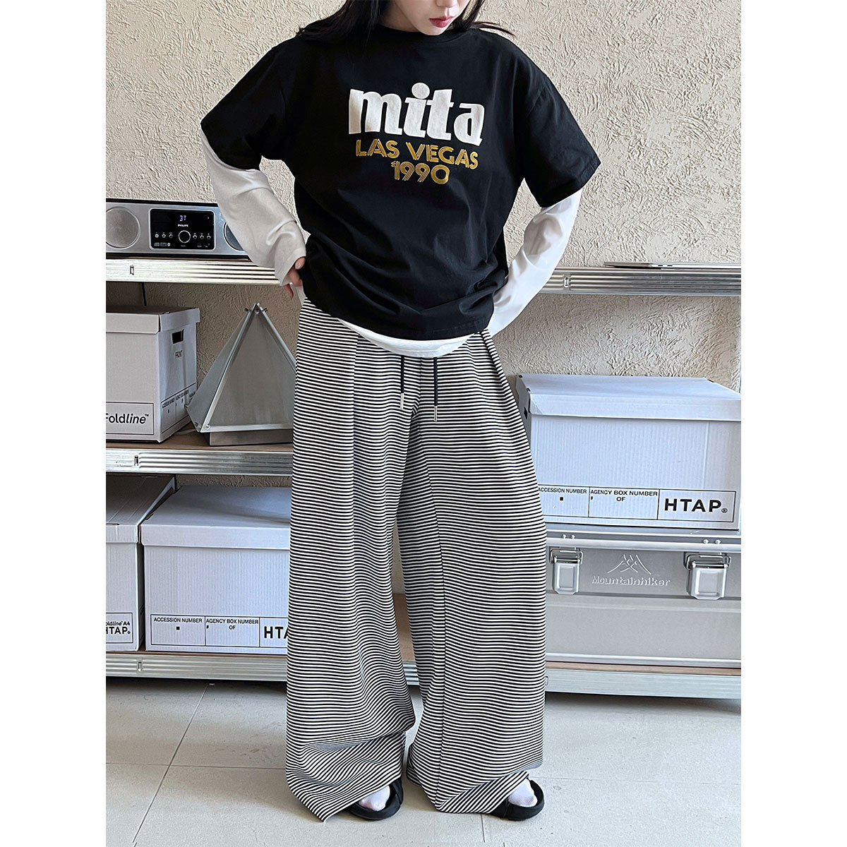 Luxi, striped wide-leg pants women's spring and summer new loose casual sweatpants straight-leg pants drawstring sports trousers 2631