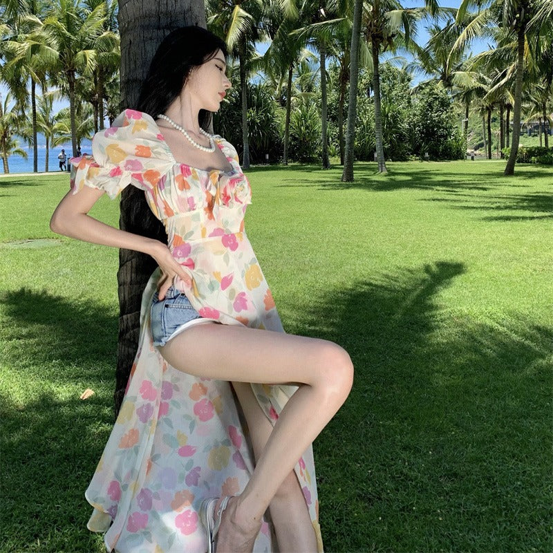 2025 Summer dopamine bubble sleeve floral dress square collar temperament waist seaside vacation long dress beach dress