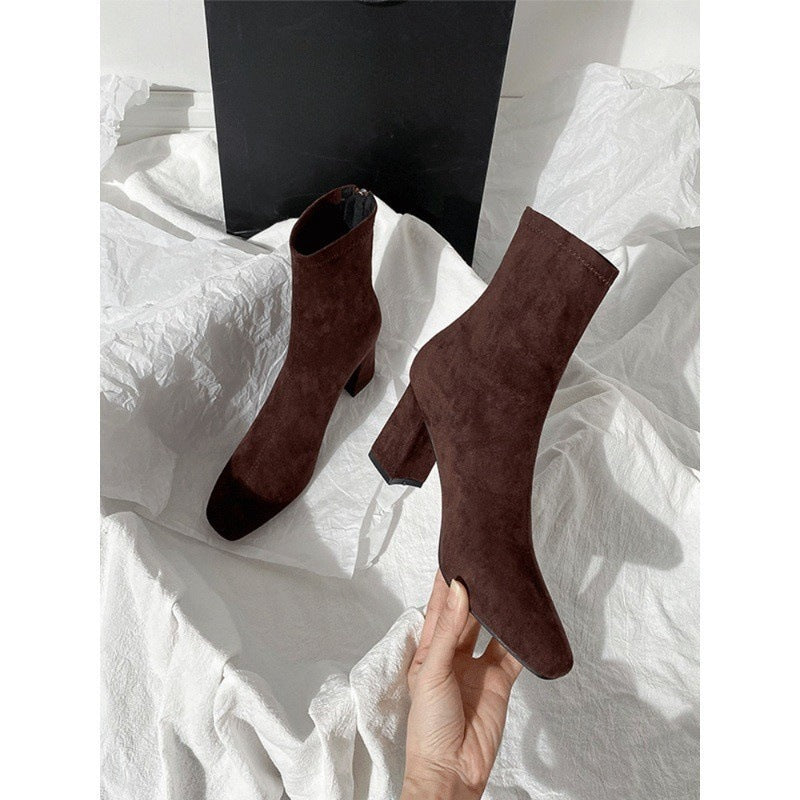 2025 Brown short boots women's high heels autumn and winter new suede rear zipper small ankle boots thick heel elastic square head thin boots
