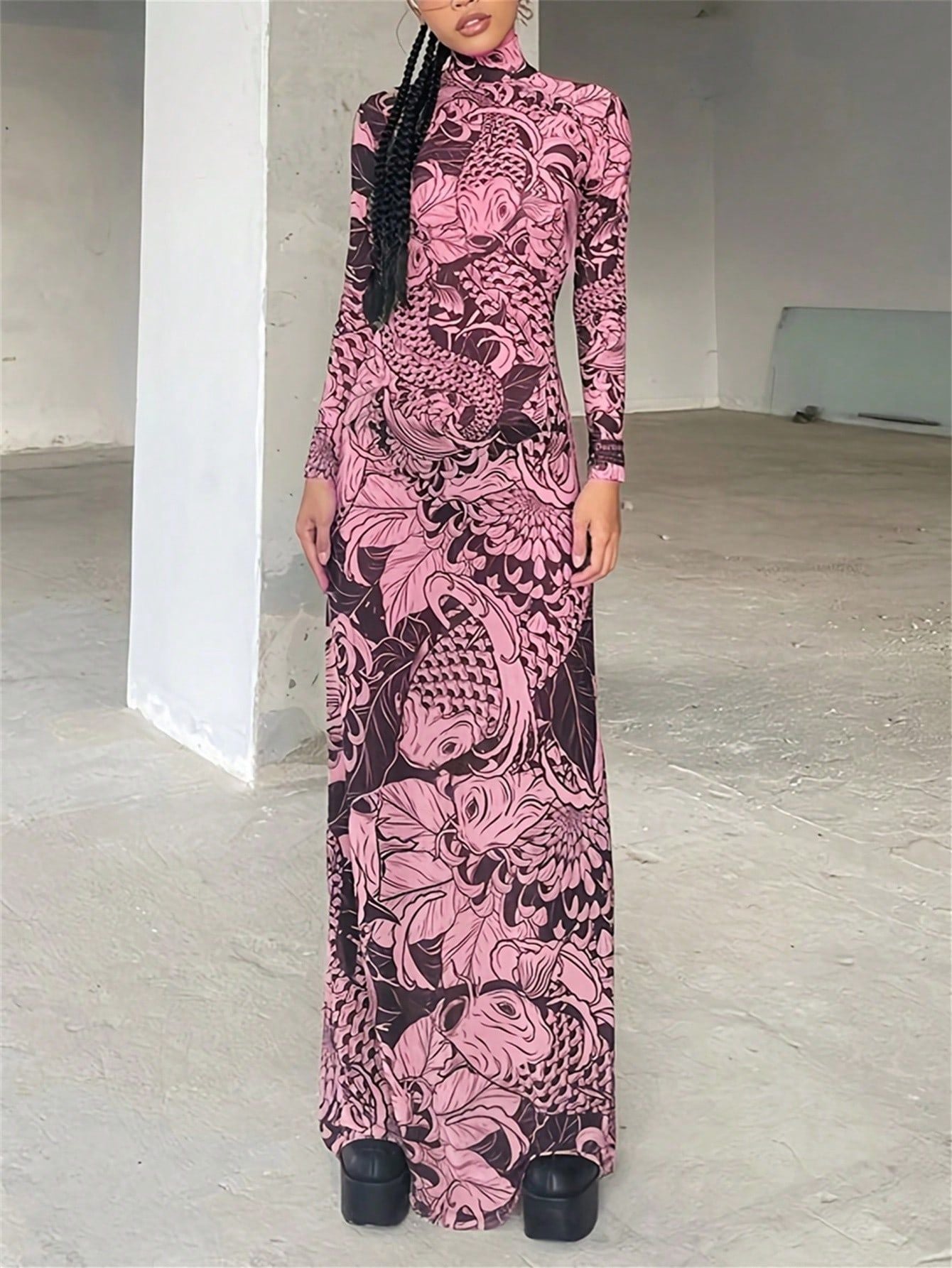 New women's clothing autumn new fashion mesh printing perspective turtleneck slim and thin dress women