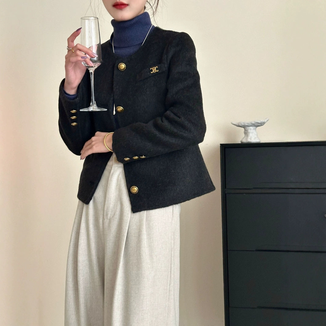 2025 Imitation gold buckle solid color small fragrant wind round neck single-breasted front shoulder short double-sided wool woolen coat coat women