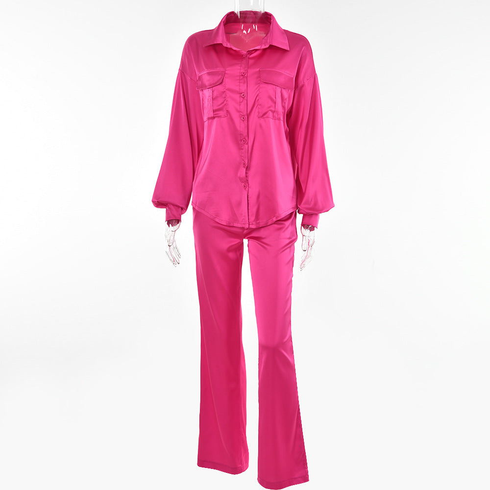 2025 new elegant light and mature wind loose two-piece set women's solid color button-down lapel top high-waisted straight pants set