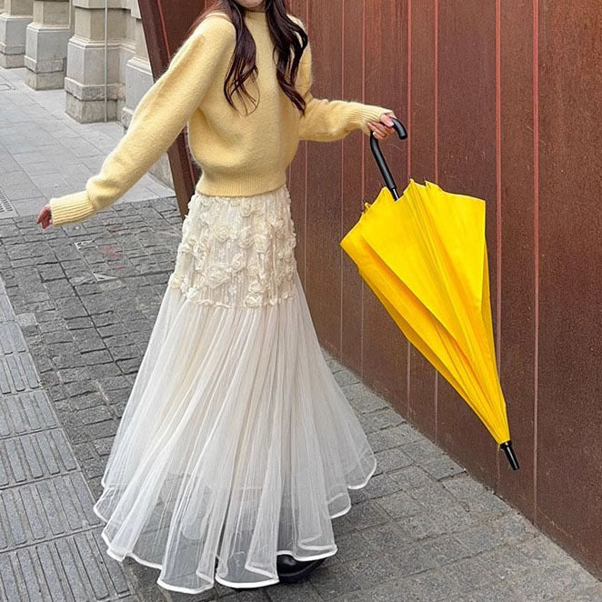 2025 Spring Temperament Muse Fan Gentle Wear Small Fragrant Style Yellow Sweater Mesh Dress Suit Women