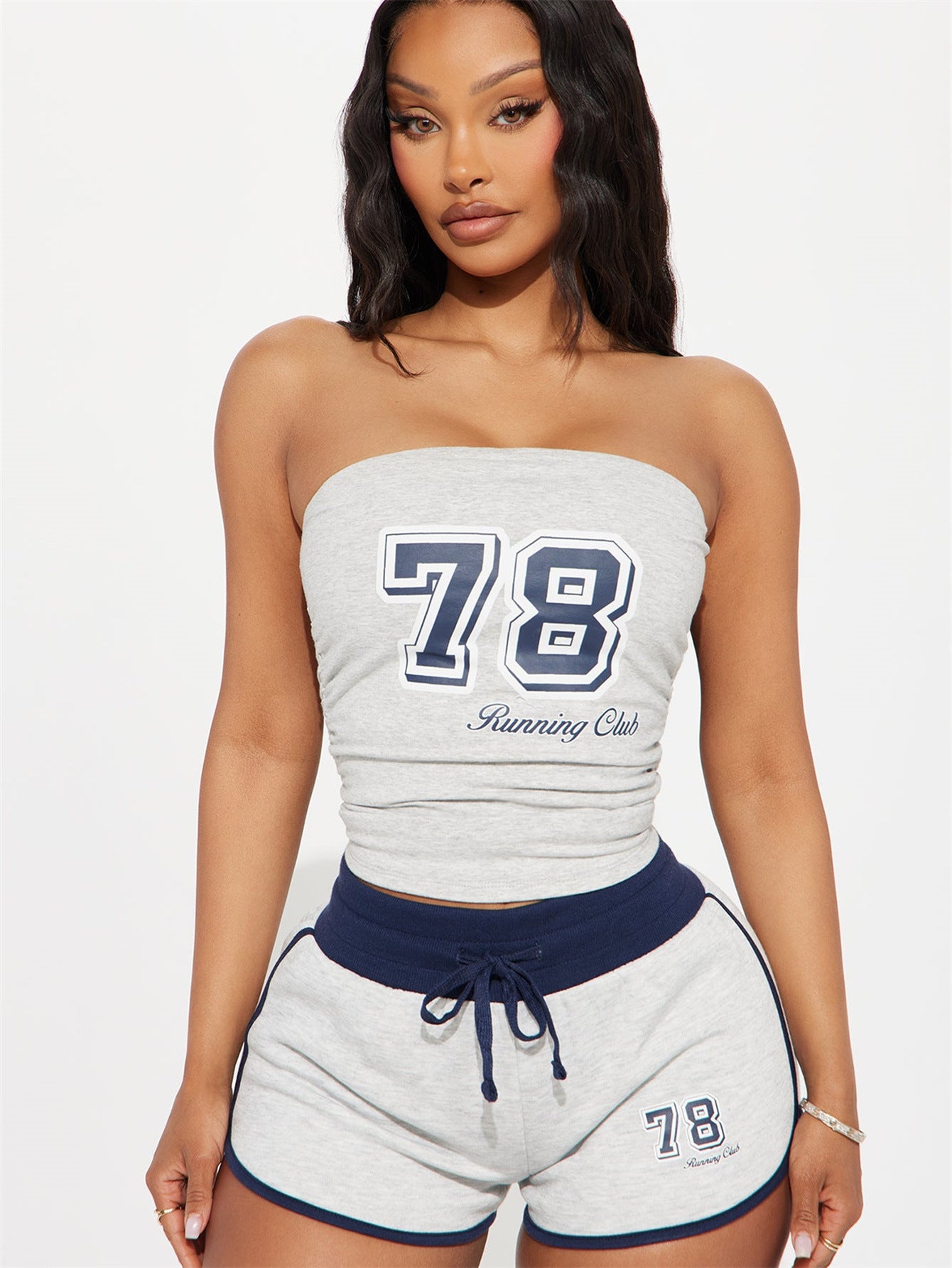 summer New casual n digital printed tube top waist-length lace-up shorts set
