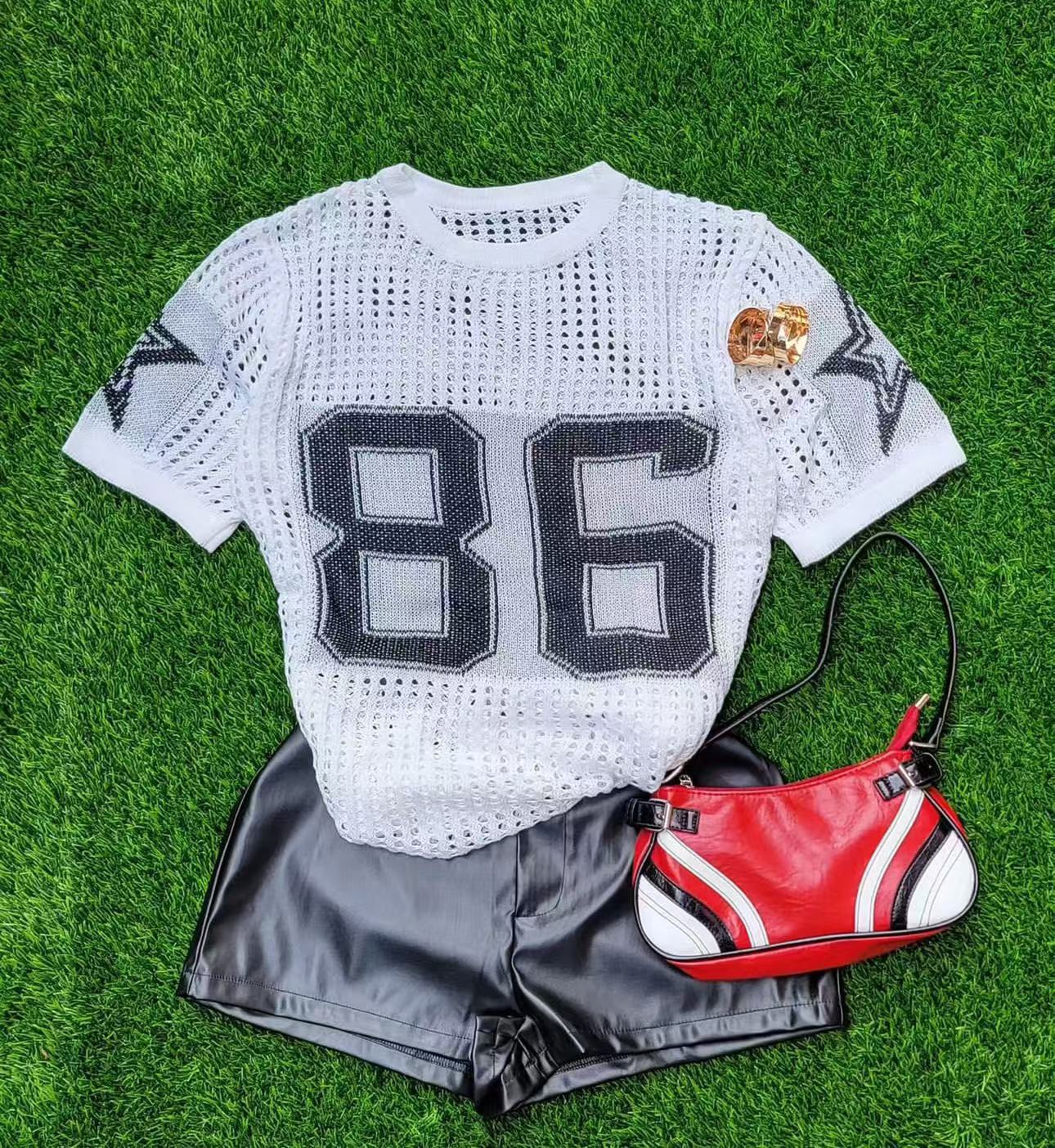Summer new splicing fashionable versatile printing mesh breathable sports sweater short-sleeved top
