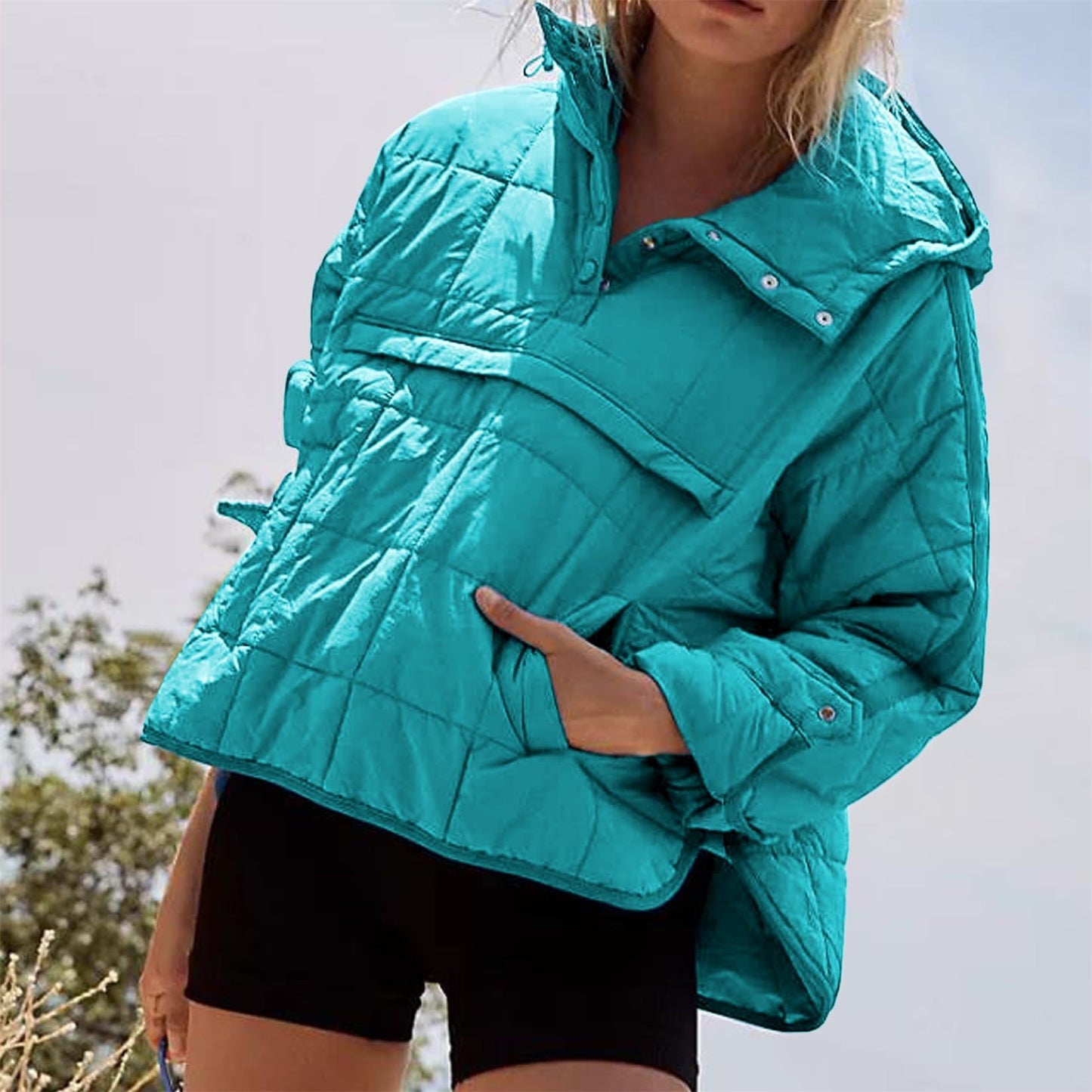 2023 Cross-border Autumn and Winter Solid Color Hooded Cotton Clothing Foldable Filled Pullover Pocket Long Sleeve Jacket Women