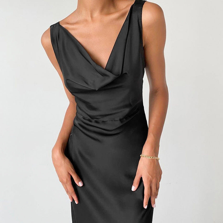 2025 summer new dress ice silk dress temperament small black dress dress with sexy backless dress