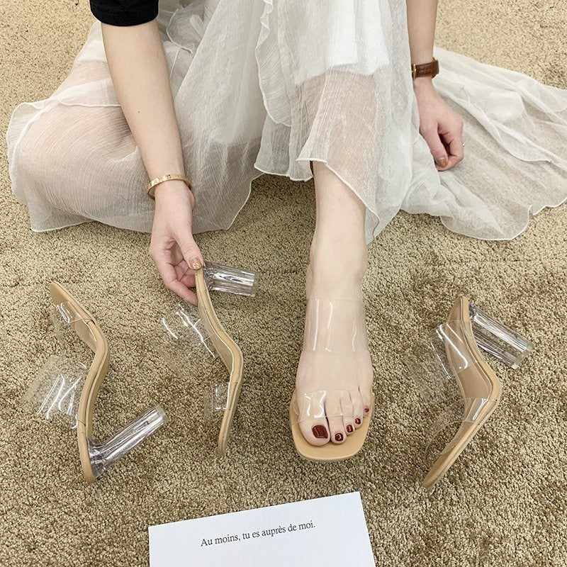 xiangtuibao New Summer Transparent High Heel Chunky Heel Fairy Sandals Ankle-Strap Open Toe Women's Shoes Foreign Trade plus Size 43 Shoes