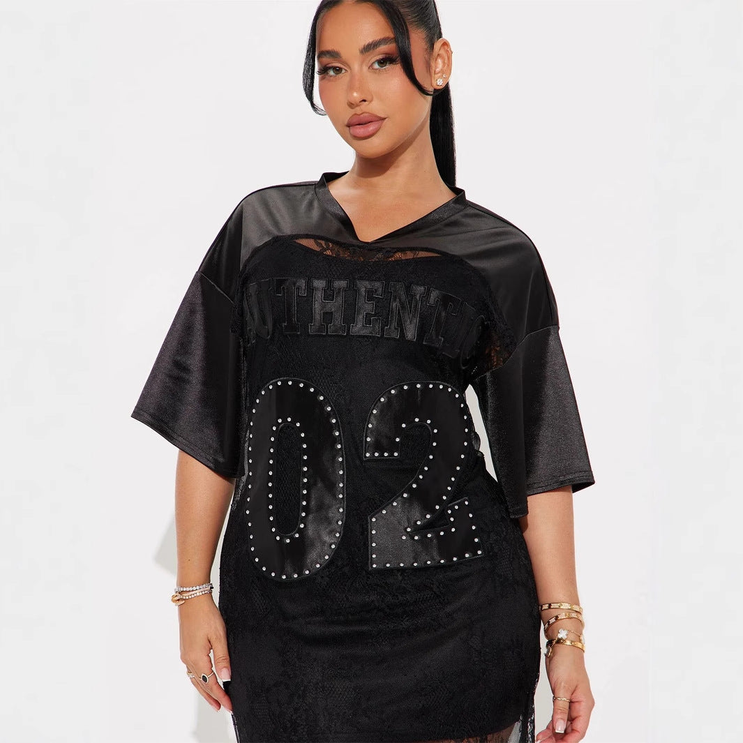 New New fashion loose V-neck hollow lace splicing casual loose short-sleeved long dress dress women