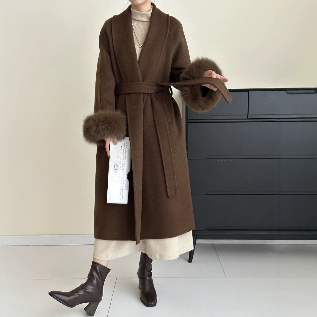2025 Solid color lapel fox hair cuffs loose lace-up bathrobe double-sided wool coat woolen jacket women's warm autumn and winter