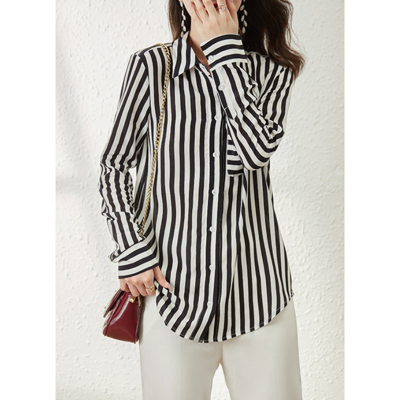 2025 Striped silk shirt women, summer new long-sleeved shirt design sense niche high-end, mulberry silk top