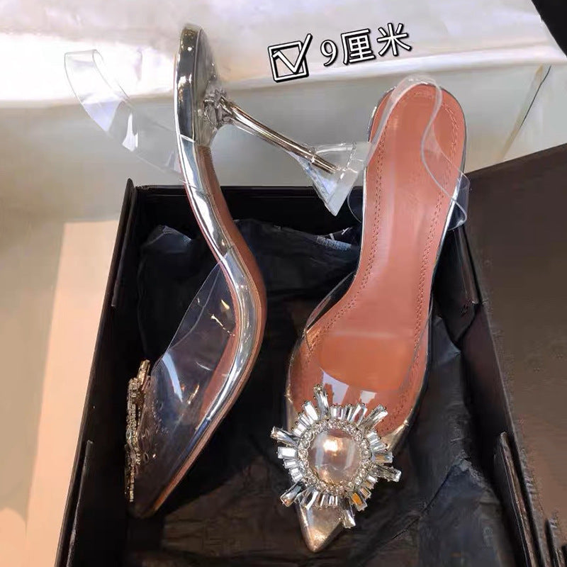 xiangtuibao Transparent Color Rhinestone Closed Toe Slingback Sandals Slip-on Crystal High Heels New Fairy Style High Heel Sandals for Women