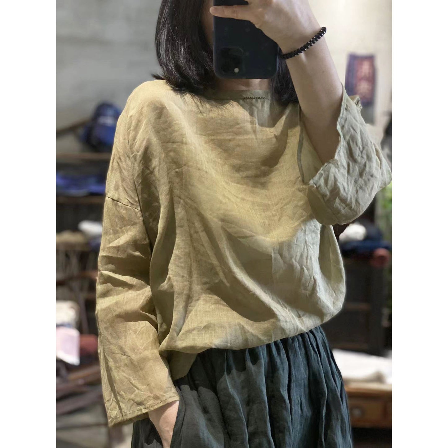 2025 22/6 small master, literary and retro light and casual pullover, one-word collar summer sunscreen ramie shirt