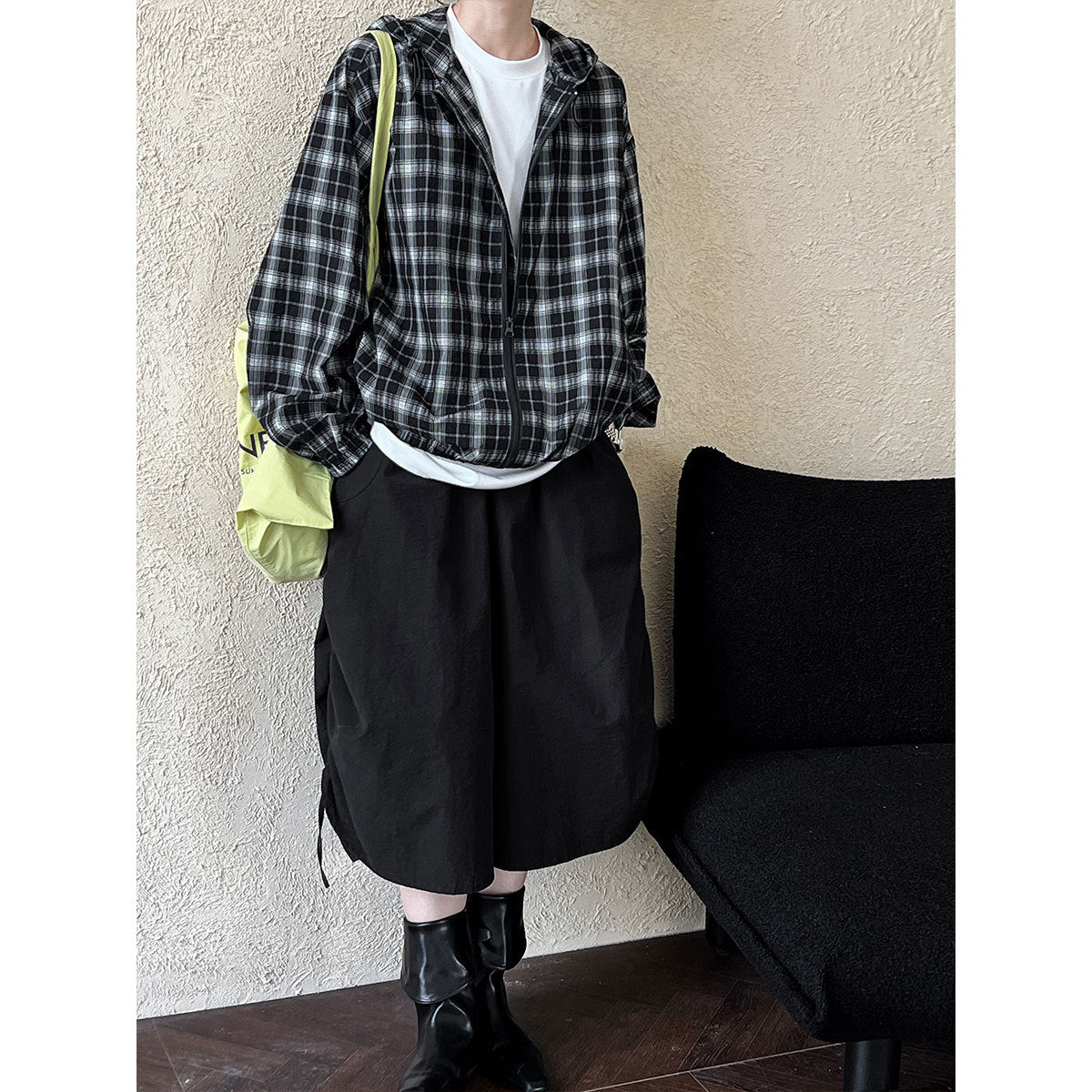 Luxi, retro contrasting color plaid jacket women's popular autumn new long-sleeved loose drawstring hooded top 3990