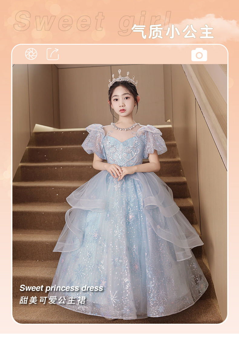 Xiangtuibao Sweet Children's Host's Dress Girls' Summer Blue Puff Sleeve Princess Piano Performance Costume