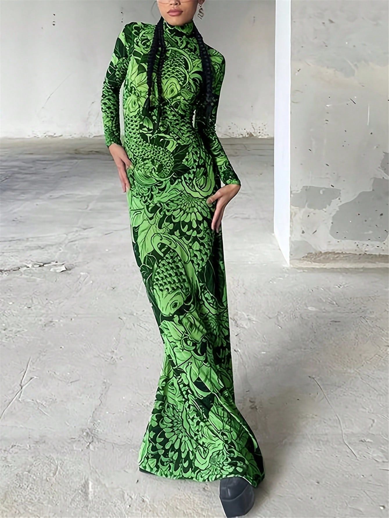 New women's clothing autumn new fashion mesh printing perspective turtleneck slim and thin dress women