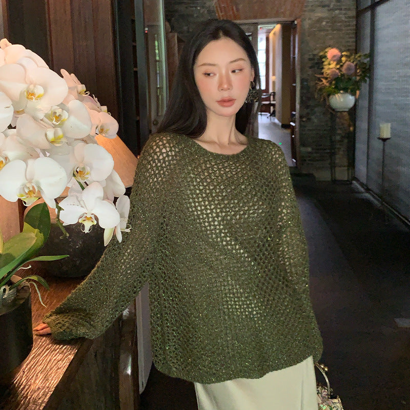 2025 popular autumn loose long-sleeved hollow knitted sweater women's top oversize sweater 25064