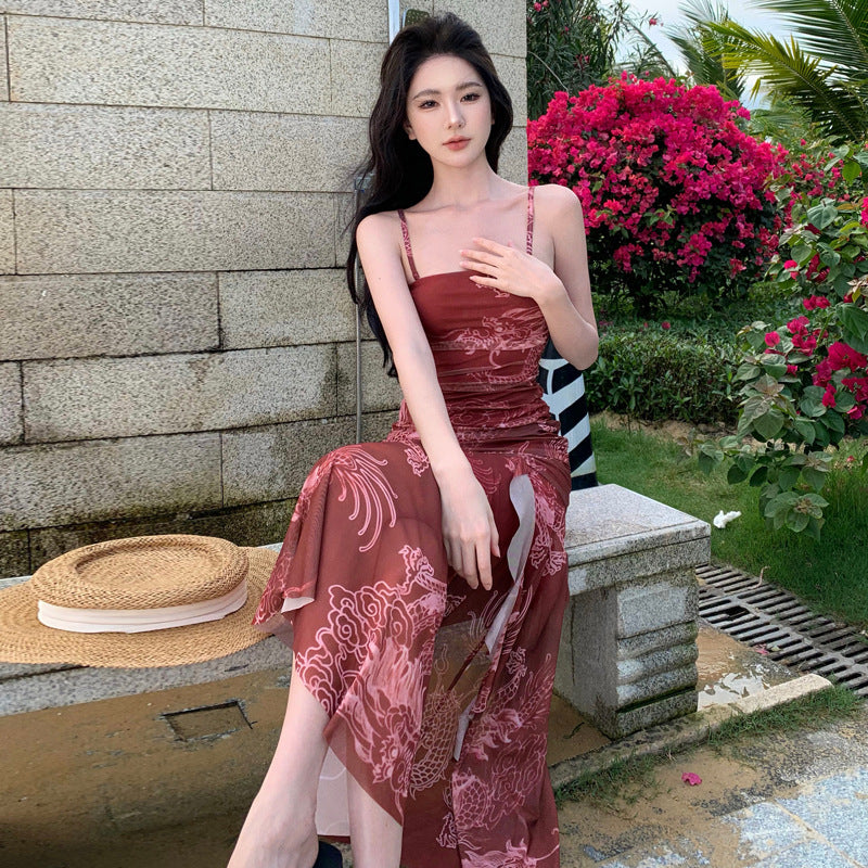 2025 New Chinese style red suspender dress women's summer sexy adult evening dress seaside vacation beach dress