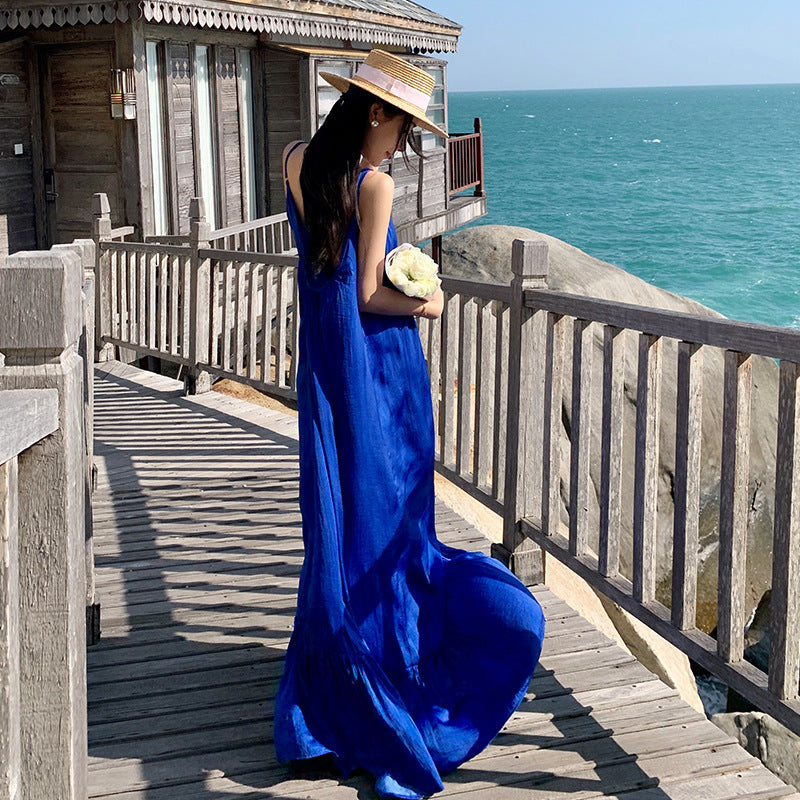 2025 Klein blue Sanya beach dress summer suspender sexy backless and thin seaside vacation super fairy long dress