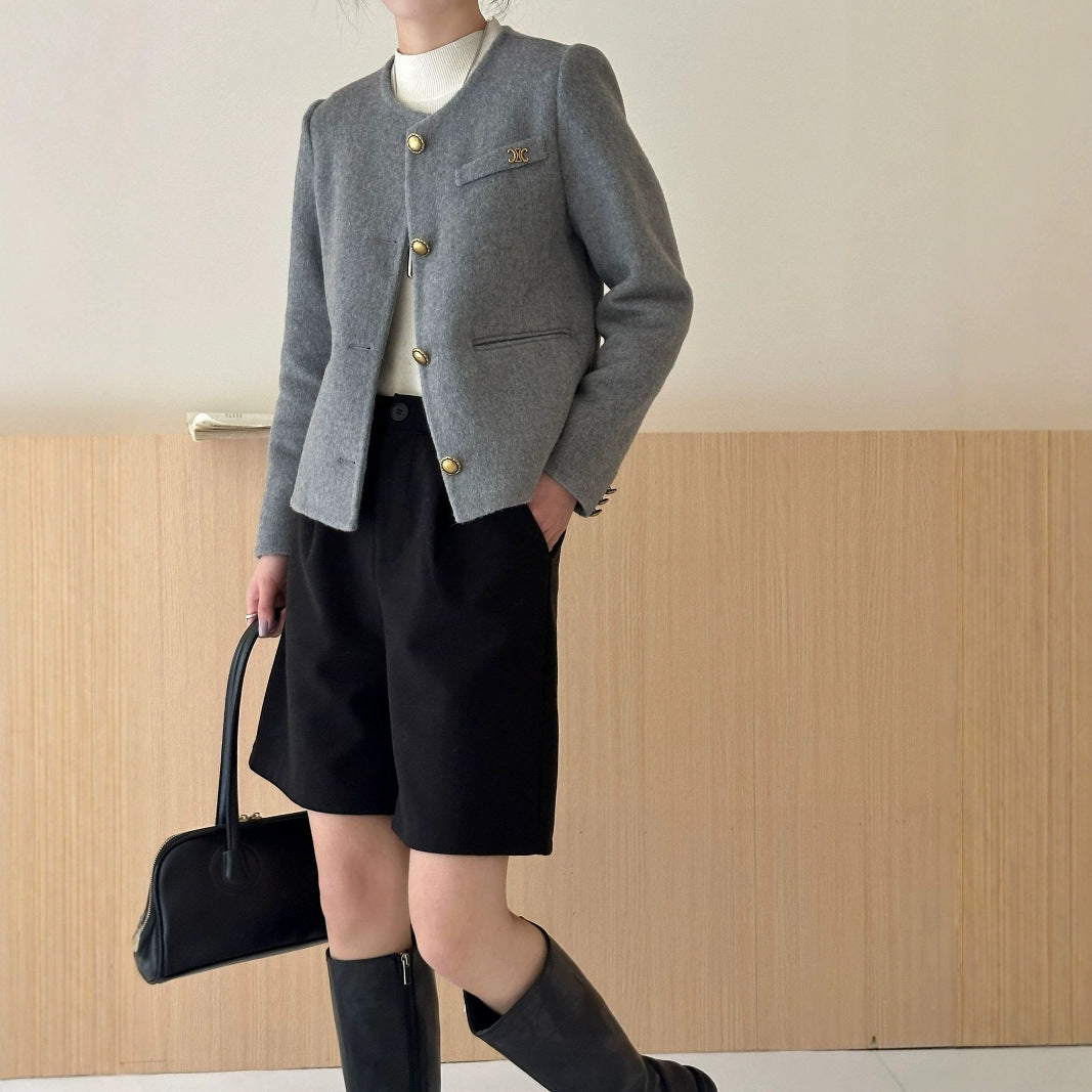 2025 Imitation gold buckle solid color small fragrant wind round neck single-breasted front shoulder short double-sided wool woolen coat coat women
