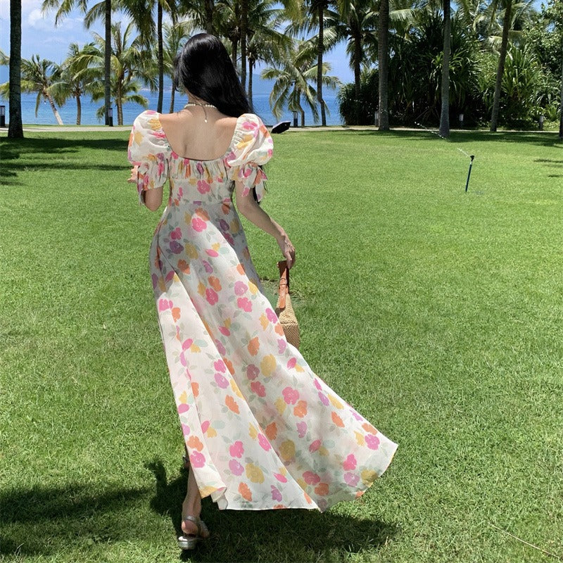 2025 Summer dopamine bubble sleeve floral dress square collar temperament waist seaside vacation long dress beach dress
