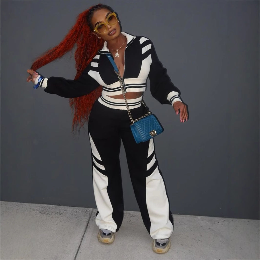 popular autumn new New fashion trends contrasting colors casual sports long-sleeved jacket top trousers set