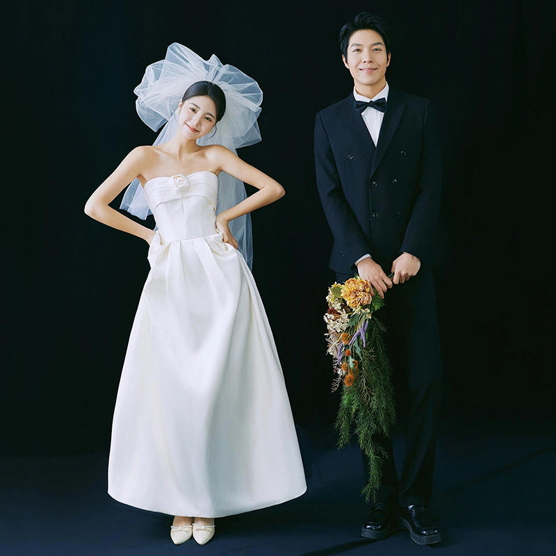 2025 satin light wedding dress bride simple niche high-end sense tube top Mori go out gauzy white dress skirt