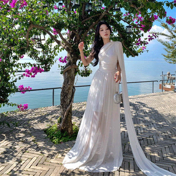 2025 Ancient Greek Muse shoulder streamer dress summer white super fairy light wedding dress photo dress vacation beach dress