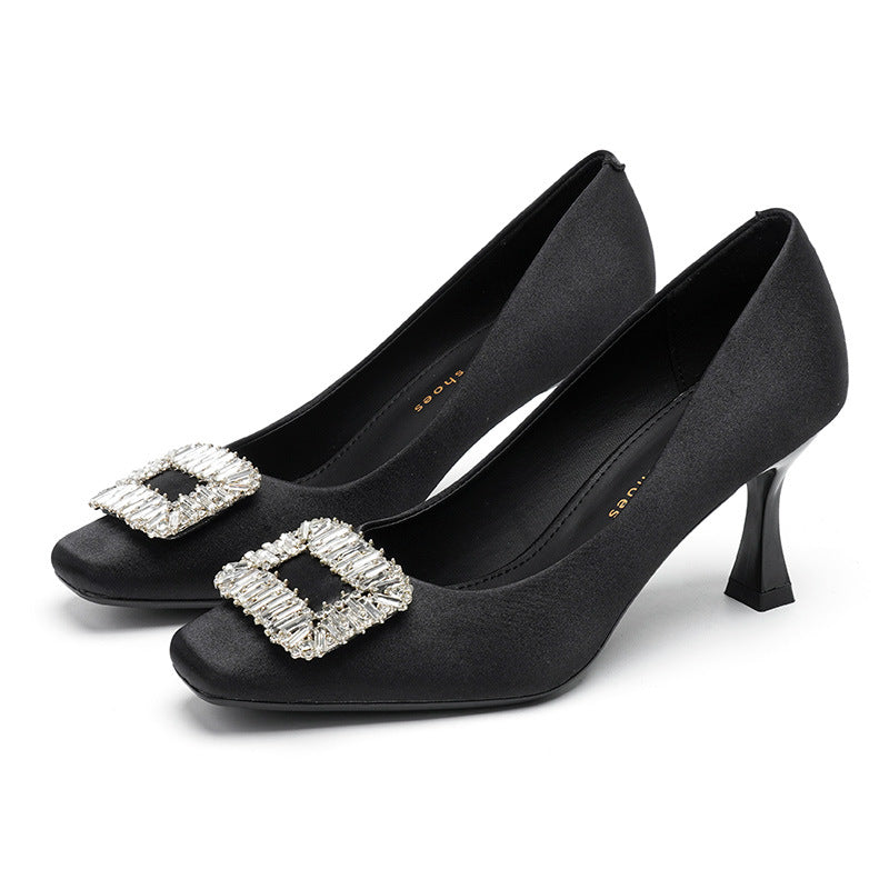 2025 3788-8 Square head thin heel rhinestone square buckle shoes women's Korean version light mouth satin shoes solid color commuter high heels women's autumn