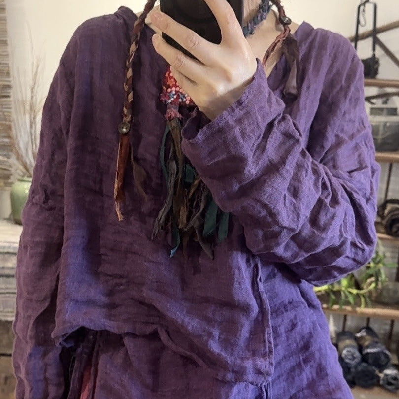 2025 24/4SN54 Chu, literary and retro irregular long-sleeved solid-color linen diagonal placket-lace-up shirt