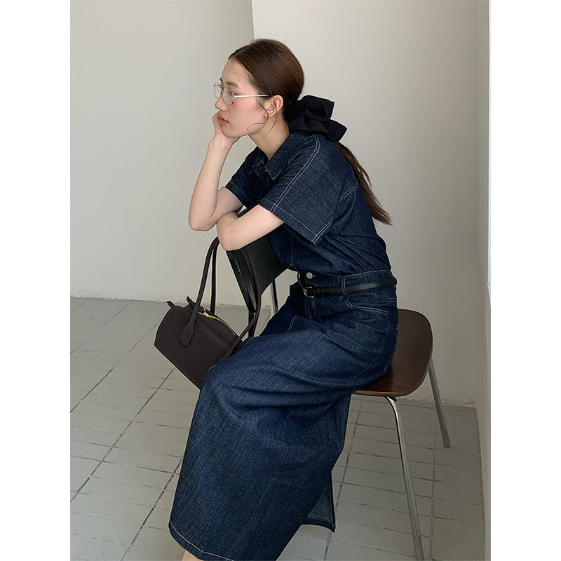 2025 THE MIND Denim Splicing Shirt Dress 2025 Summer New Waist Skinny Long Skirt 030AX