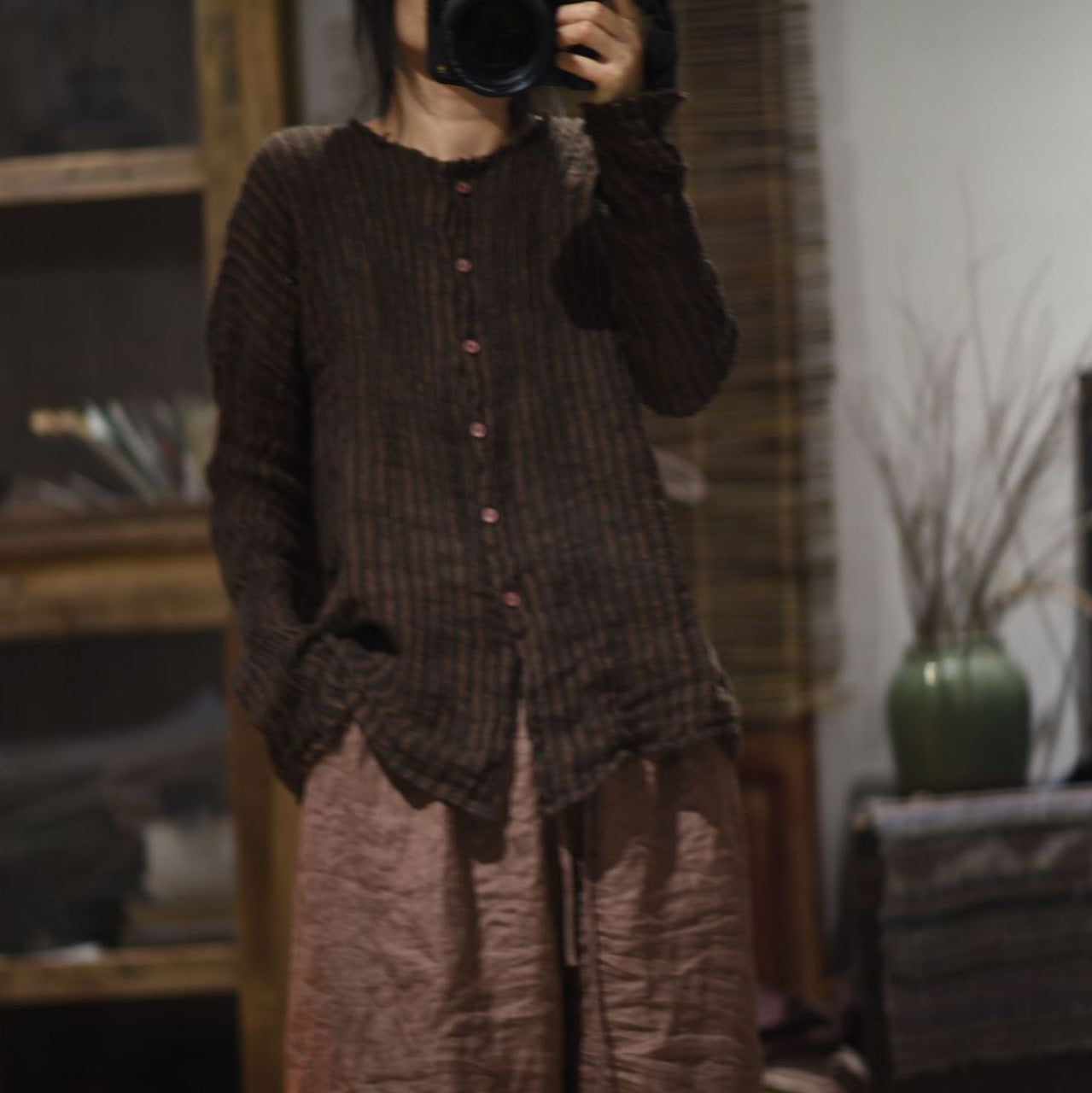 2025 24/1 SN15 literary and retro contrasting color yarn-dyed craft linen striped cardigan shirt