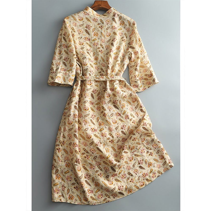 2025 waist thin linen floral dress, cotton and linen lisianthus skirt spring and summer women's clothing new medium and long