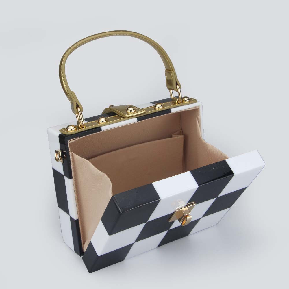 popular new Korean Internet celebrity contrasting color retro checkerboard lock chain box bag portable shoulder messenger bag