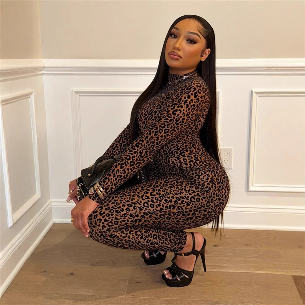 popular autumn new New fashion versatile elastic slim sexy spice leopard print long-sleeved jumpsuit women