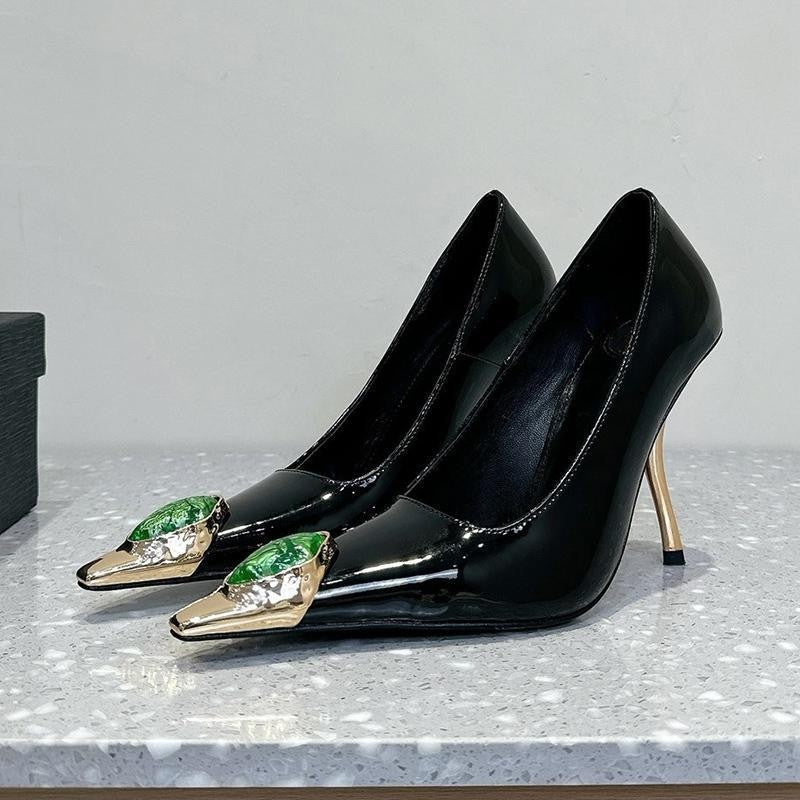2025 Poplar forest same style royal sister high heels women's thin heels 2025 early spring metal small square head sexy gemstone beautiful single shoes
