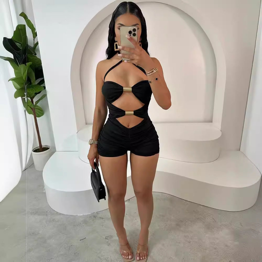 Hot trade women's clothing new personalized hollow metal tube splicing contrasting color bow neck jumpsuit shorts