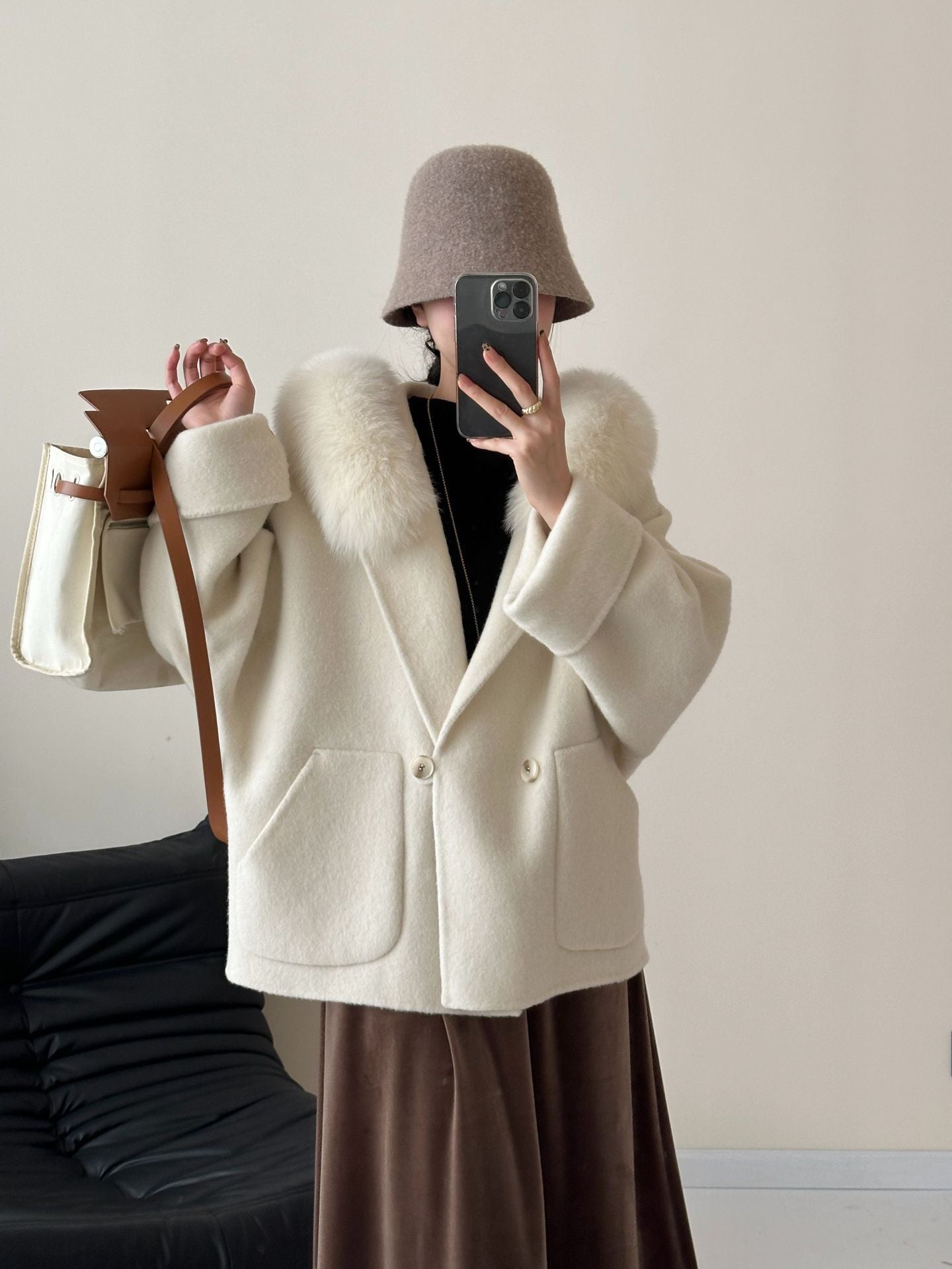 2025 Fox fur hooded large pocket double-breasted removable double-sided wool coat medium and long woolen coat women's autumn and winter
