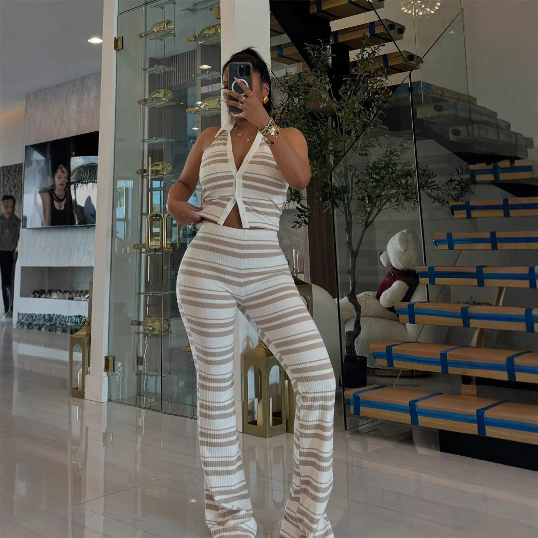 In the summer of , New new women's clothing casual shirt collar sleeveless top waist-wrapped hip trousers set