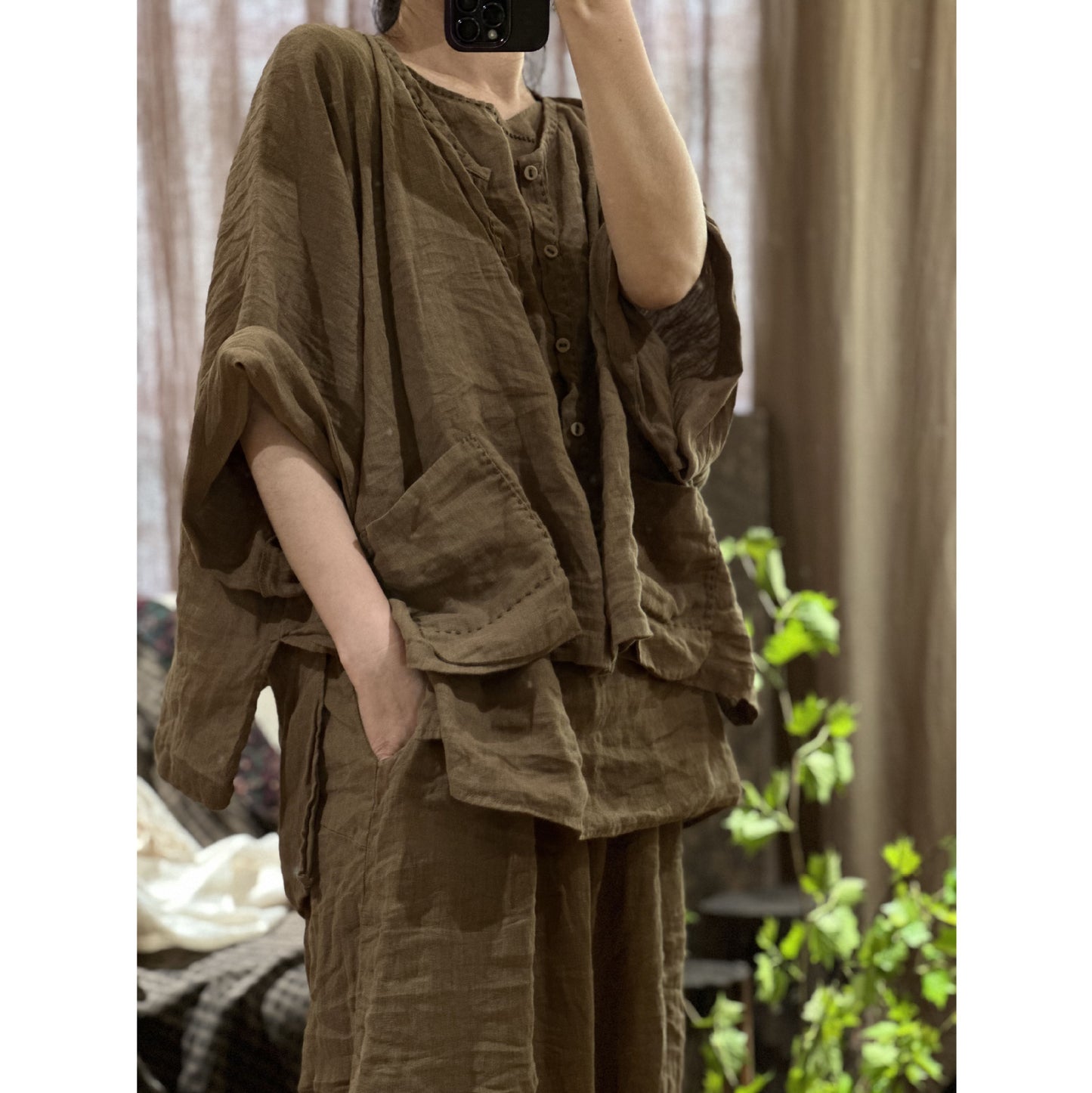 2025 23/4/Half Dust/Literary Retro Linen Hand Sewn Thread Breasted Loose Shoulder Shoulder Shirt